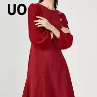 UO夏季 时尚圆领风琴褶灯笼袖修身中长款连衣裙女