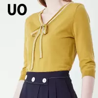 UO简约撞色系带V领五分袖女毛衫