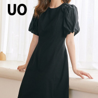 UO春季 精致圆领纯色收腰优雅小礼服中长款连衣裙