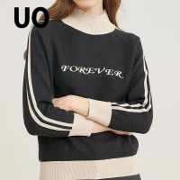 UO夏季 时尚半高领撞色字母长袖修身针织毛衫女上衣