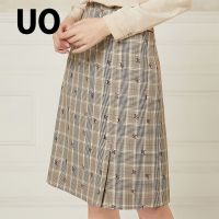 UO夏季 复古格纹字母开叉女士半身裙