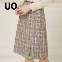 UO夏季 复古格纹字母开叉女士半身裙