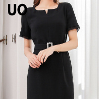 UO夏季 时尚纯色圆领短袖收腰中长款连衣裙