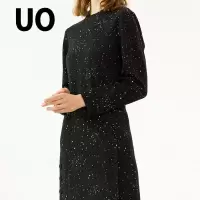 UO夏季 时尚通勤绵羊毛撞色圆领长袖连衣裙女