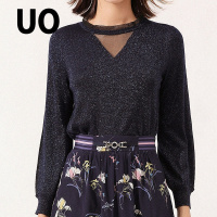 UO夏季 设计感镂空V领长袖亮丝女式上衣