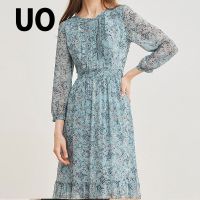UO春季 法式飘逸碎花收腰圆领长袖连衣裙女