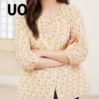 UO纯棉圆领碎花前幅抽褶女式上衣