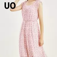 UO夏季 桑蚕丝碎花圆领无袖中长款连衣裙