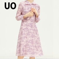 UO春季格纹蝴蝶结领带时尚长袖连衣裙