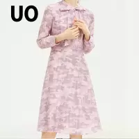UO春季格纹蝴蝶结领带时尚长袖连衣裙