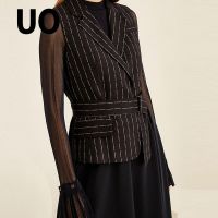 UO夏季 时尚无袖西式条纹拼接女式连衣裙