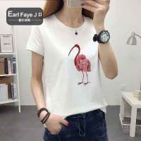 额尔菲斯夏季款火烈鸟印花薄款短袖宽松透气休闲女式T恤