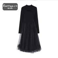 额尔菲斯夏季新款纯色休闲设计感气质拼接女士连衣裙