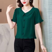 娃娃领时尚欧货衬衣气质花边拼接收腰短袖上衣2022夏季新款
