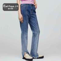 额尔菲斯春秋新款弹力棉质渐变水洗毛边开叉女士牛仔裤