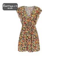 额尔菲斯女士田园风V领性感飞飞袖收腰连衣裙