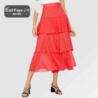额尔菲斯红色春夏女士时尚潮流纯色雪纺半身裙裙子