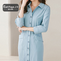 额尔菲斯纯色翻领收腰丈根褶设计中长款连衣裙