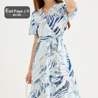 额尔菲斯优雅不规则印花泡泡袖连衣裙女