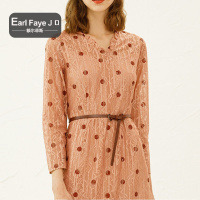 额尔菲斯气质减龄系腰带V领印花长袖连衣裙