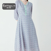 额尔菲斯法式碎花气质V领收腰连衣裙女