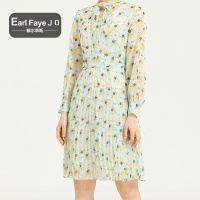 额尔菲斯时尚领结显白收腰长袖印花连衣裙