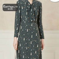 额尔菲斯系带领印花桑蚕丝修身中长款连衣裙