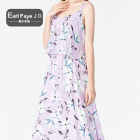 额尔菲斯时尚桑蚕丝中长裙花卉印花吊带裙连衣裙女