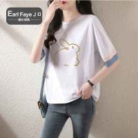 额尔菲斯夏季新款兔子印花袖子特色设计韩版薄款短袖女式T恤