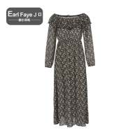 额尔菲斯女士飘逸长款碎花一字领田园风收腰显瘦连衣裙