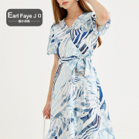 额尔菲斯优雅不规则印花泡泡袖连衣裙女