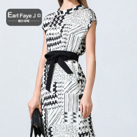 额尔菲斯时尚拼色圆领桑蚕丝收腰短袖中长款连衣裙