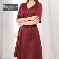 额尔菲斯法式纯色V领收腰休闲连衣裙