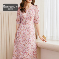 额尔菲斯碎花V领雪纺收腰中长款连衣裙