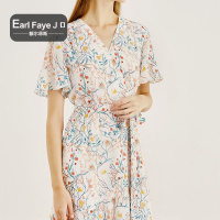 额尔菲斯浪漫碎花桑蚕丝不规则中长款连衣裙