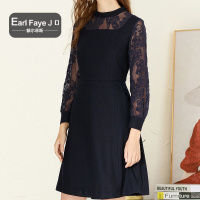 额尔菲斯时尚刺绣蕾丝拼接中长连衣裙女