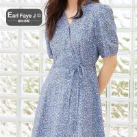 额尔菲斯清新碎花茶歇裙系带泡泡袖中长款连衣裙