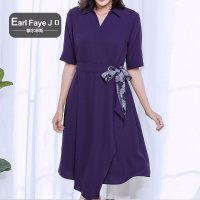 额尔菲斯通勤碎花系带翻领短袖连衣裙女