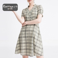 额尔菲斯格纹短袖收腰连衣裙通勤西装领裙子