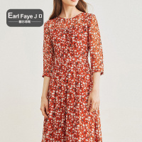 额尔菲斯优雅淑女圆领七分袖碎花收腰连衣裙女