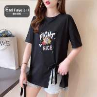 额尔菲斯夏季新款韩版创意侧开叉宽松减龄时尚短袖t恤休闲通勤