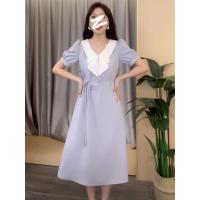 韩版法式很笨风翻领连衣裙女2022夏季新款泡泡袖高腰显瘦中长裙子