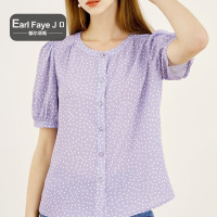 额尔菲斯复古波点圆领泡泡袖修身女式衬衫
