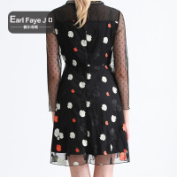 额尔菲斯时尚波点网纱拼接蕾丝印花连衣裙