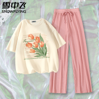 雪中飞洋气套装女夏季2022新款郁金香纯棉短袖冰丝裤子休闲运动装