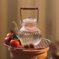 鹤首菊瓣提梁壶 送滤网+茶巾 升级款 日式简约 菊瓣耐热加厚玻璃茶壶 铜柄提梁玻璃泡茶壶电陶炉专用