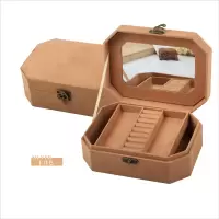 04434八角麂皮绒双层首饰箱卡其 八角麂皮绒布饰品收纳盒化妆盒收纳盒珠宝首饰盒带锁绒布包装盒