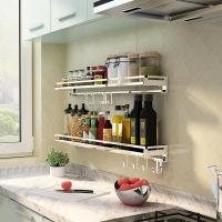 15宽*30cm长[5挂钩 带挂杆]1层 304不锈钢免打孔厨房置物架壁挂式墙上调味品收纳架调料架子挂架