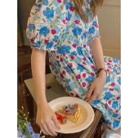 浅蓝色花 S 90斤以下 年糕不黏盛夏涂鸦收腰碎花衬衫连衣裙女夏季韩系显瘦小众油画裙子