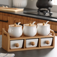 套六鼓型竹盖3罐配架(送贴纸) 猪油罐陶瓷调味罐装猪油罐家用商用耐高温油泼辣子罐创意北欧风加